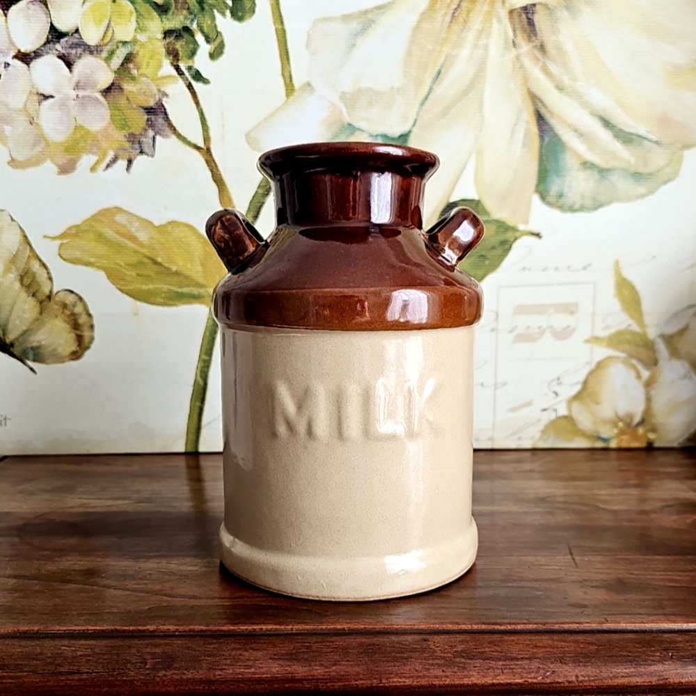 Unique Vintage Ceramic Milk Jug Crock w/ Handles 7" x 5" Glazed Ceramic Can